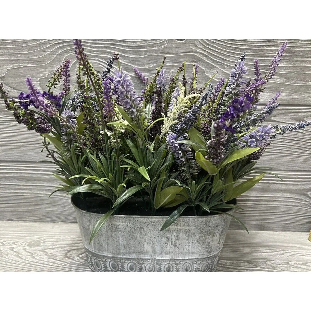 Faux Floral Lavender in Metal Planter Flower Arrangement Spring Cottagecore